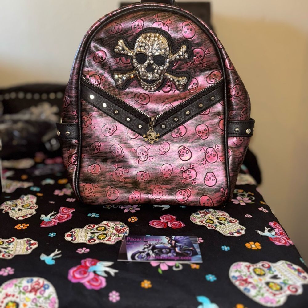 Pink 3D Skull Studded Backpack
